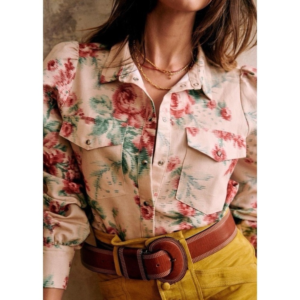 Sezane Claudia Snap Button Pink Floral Shirt Blouse in Antique Flowers 34, US 2